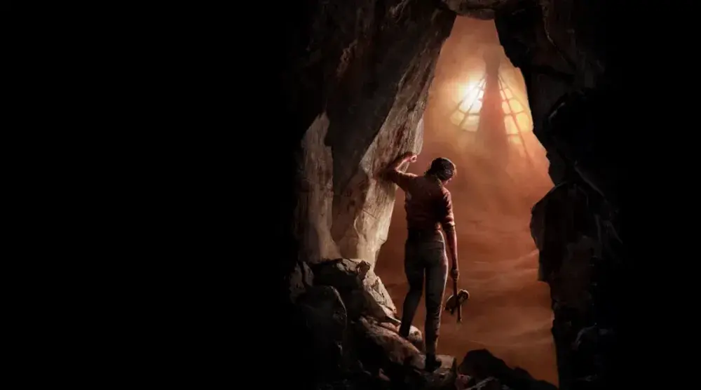 Explorer with a torch in a narrow cave