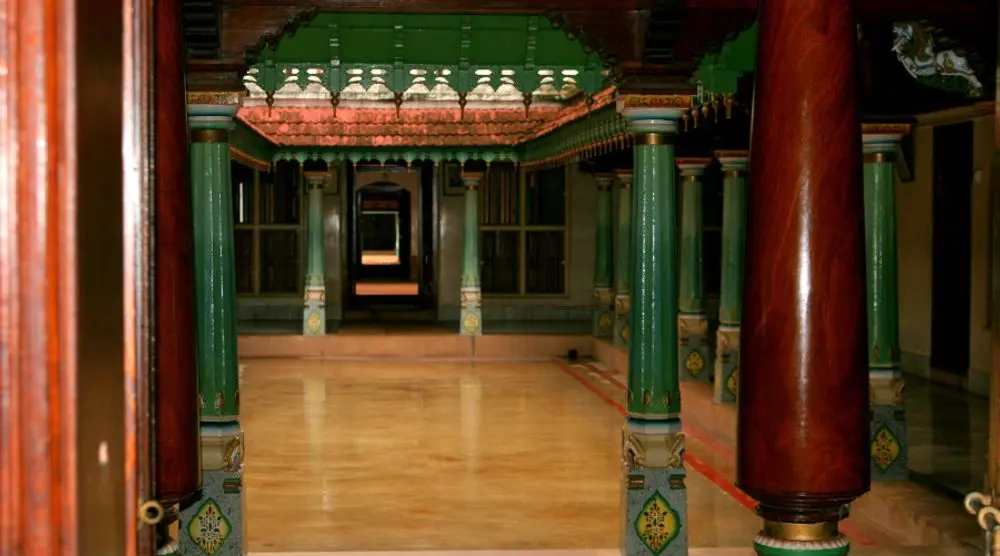 Carved pillars around a Chettinad courtyard