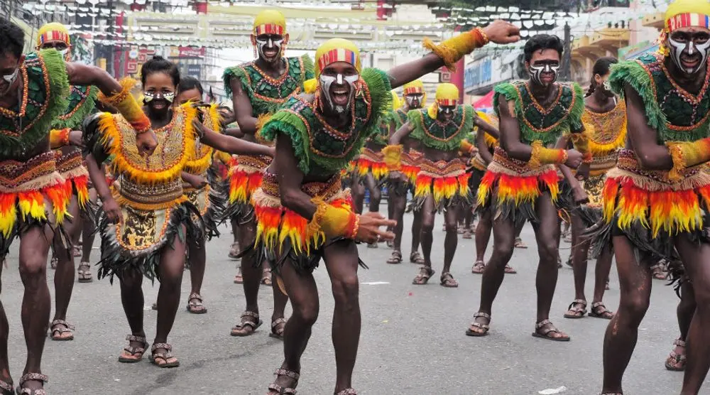 Costumed dancers in a street parade