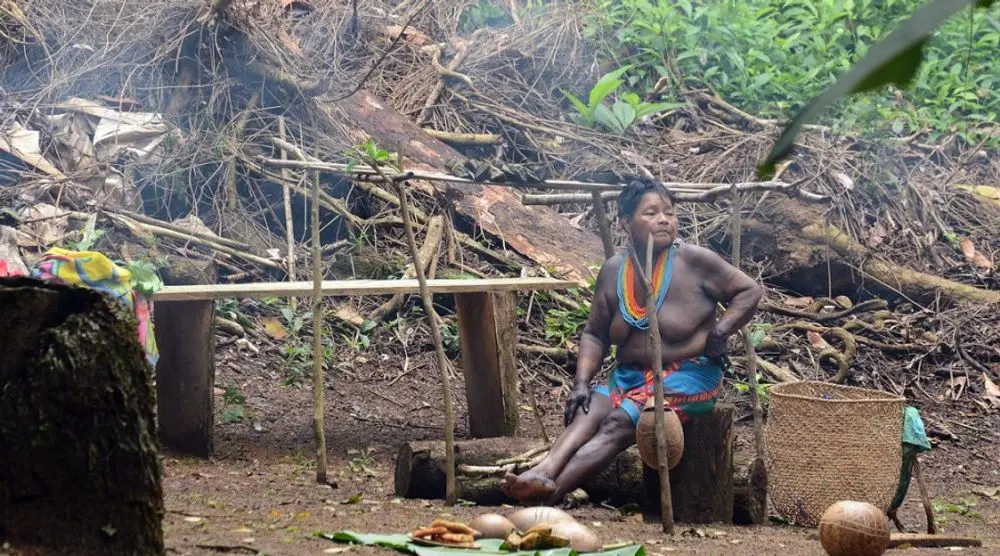 Indigenous woman sitting in a forest clearing