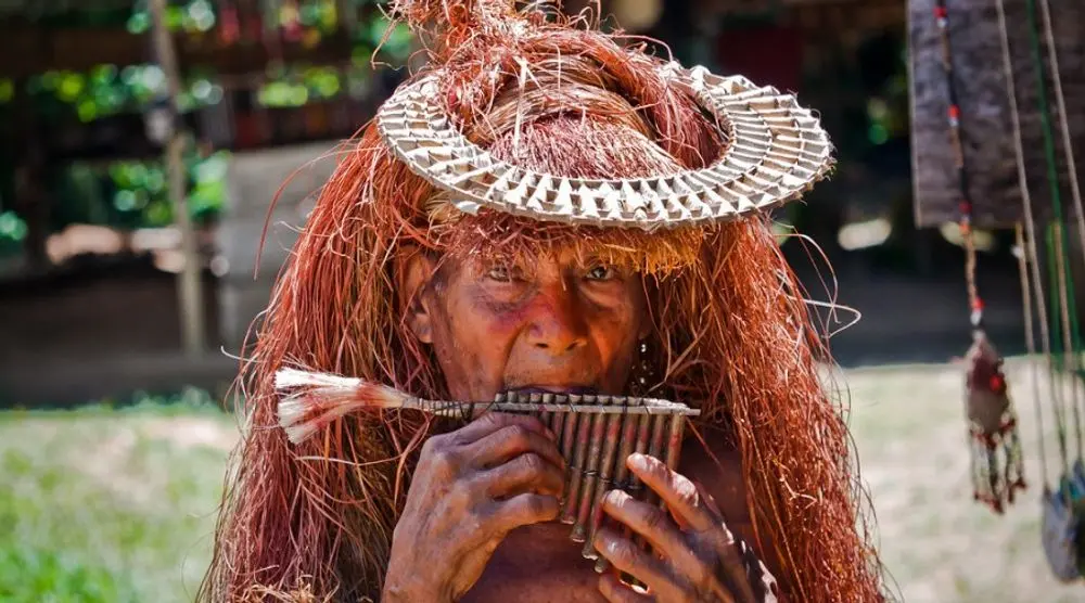 Man in a fibre headdress playing pan pipes