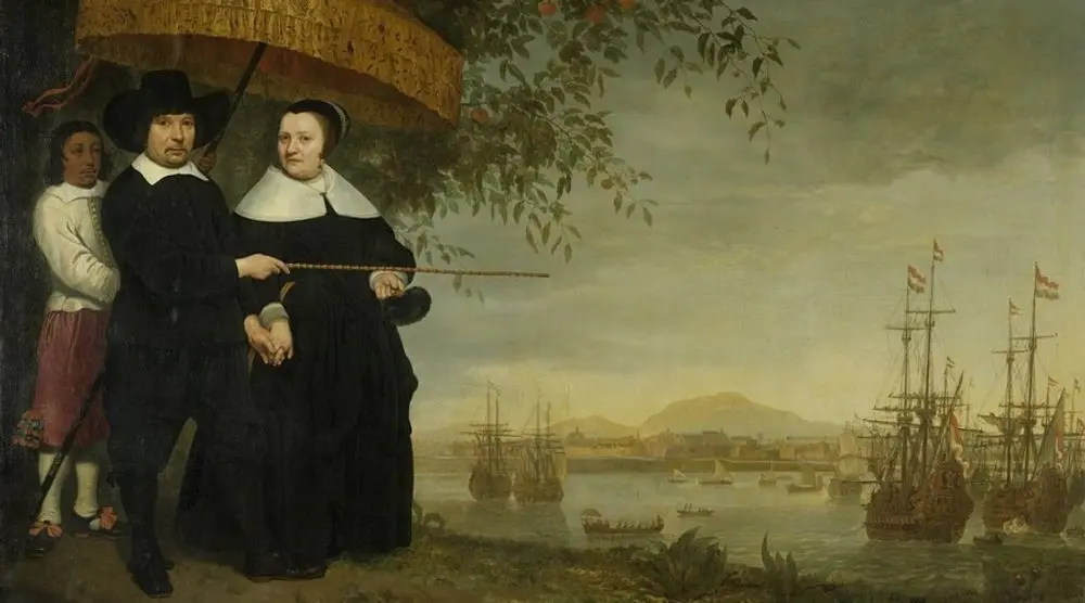 Painting of 17th-century travellers by a harbour