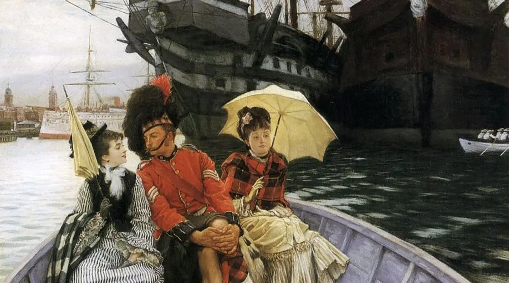 Painting of Victorian travellers on a ship's deck