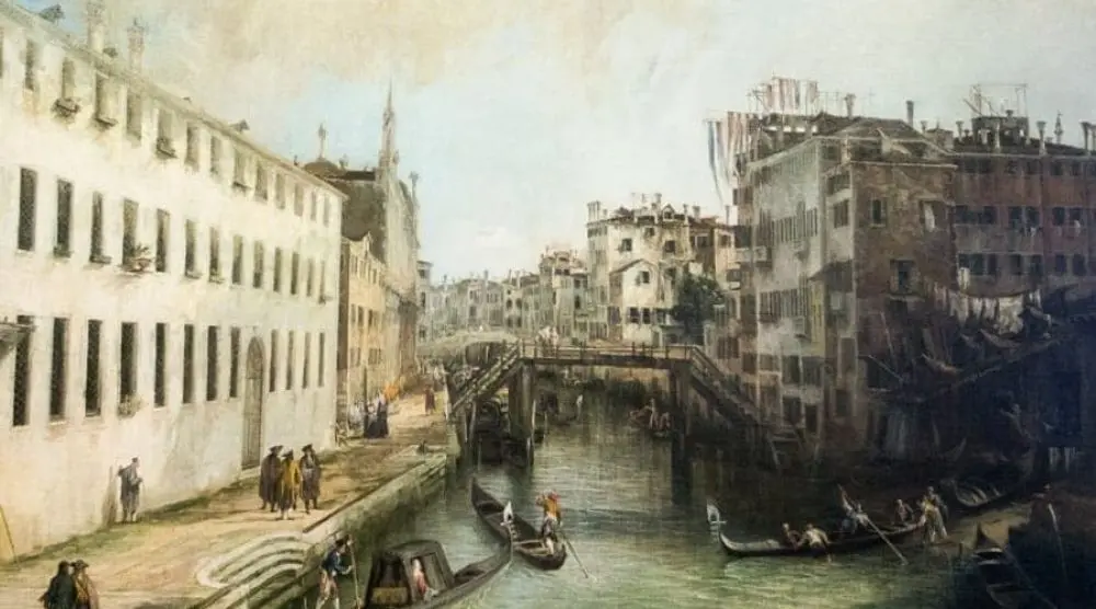 Painting of a canal lined with old buildings
