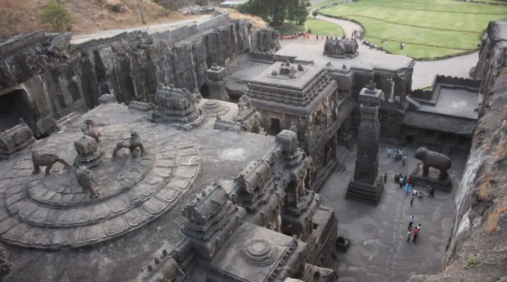 Aerial view of the rock-cut Kailasa Temple, Ellora