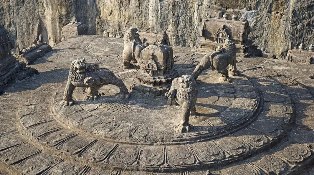 Stone lion sculptures in a temple courtyard