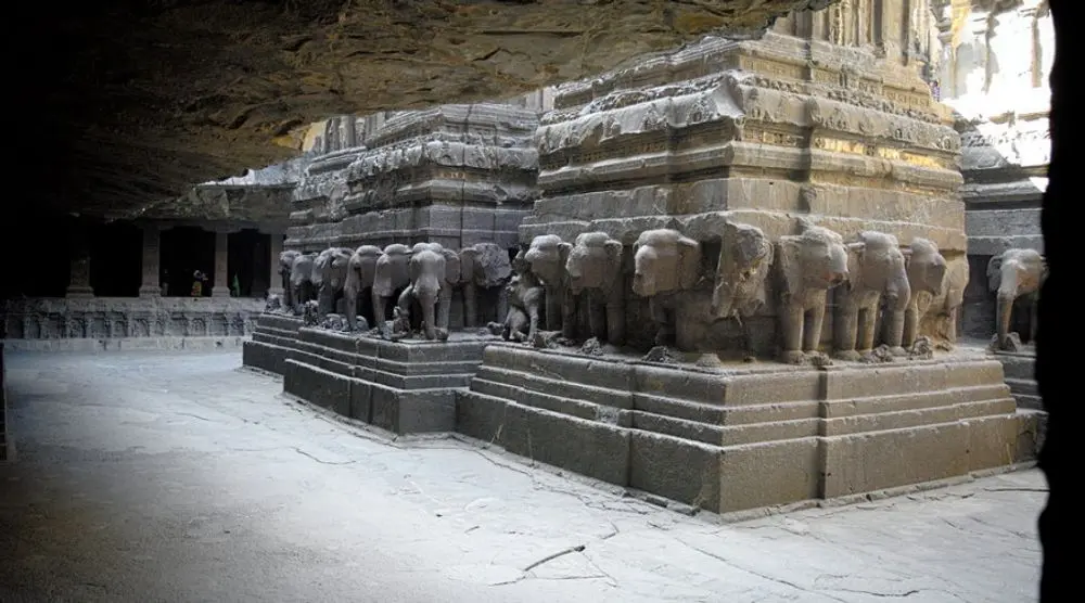 Elephant carvings around the base of Kailasa Temple