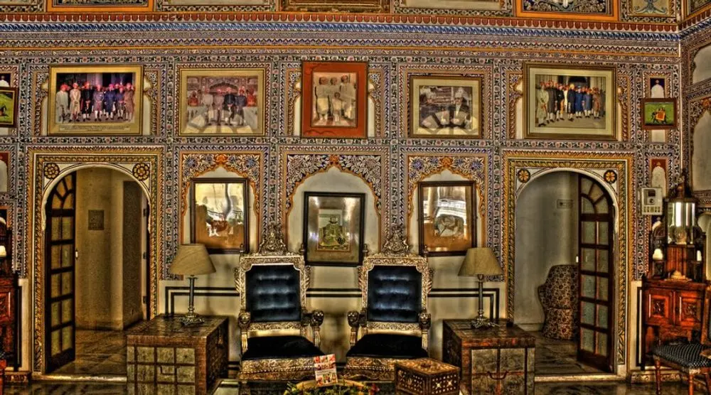 Ornate painted hall with antique furniture