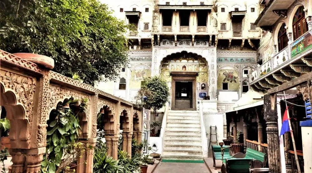 Carved haveli courtyard with stone steps