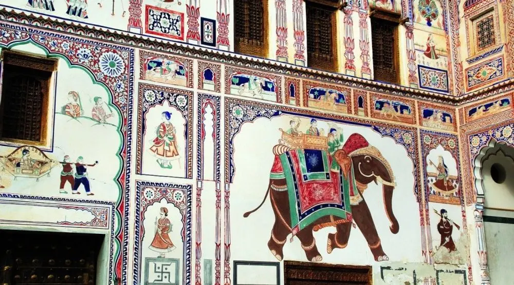 Frescoed haveli wall with a painted elephant