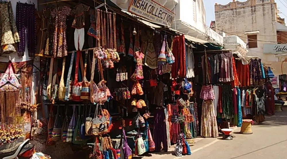 Colourful bags and textiles at a bazaar