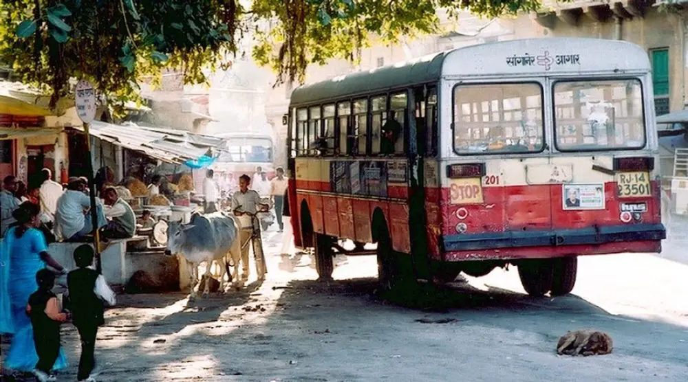 Local bus on a dusty town street