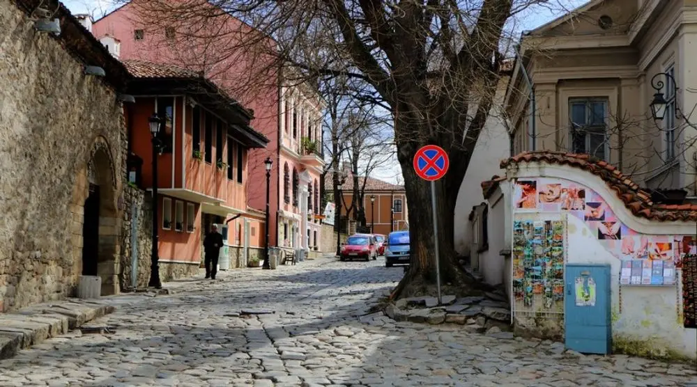 Cobbled street of old houses in Plovdiv