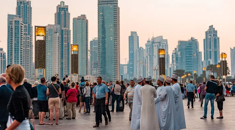 Crowds strolling below Dubai skyscrapers
