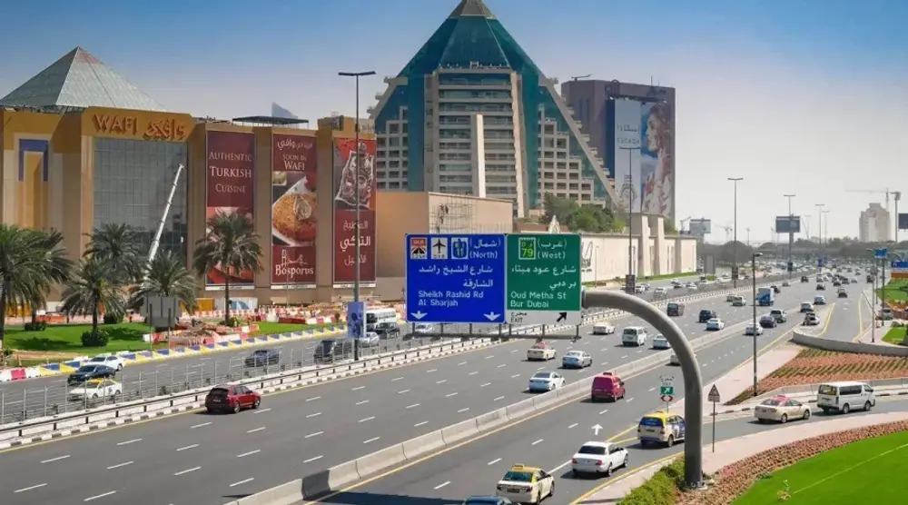 Busy highway past Wafi Mall in Dubai