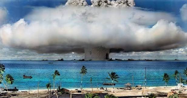 Nuclear test mushroom cloud rising over Bikini Atoll