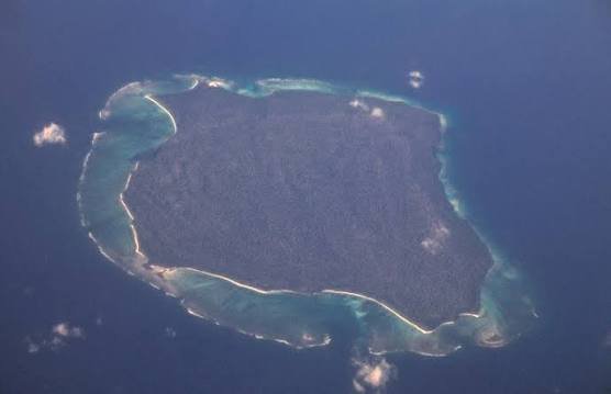 Aerial view of North Sentinel Island ringed by reef