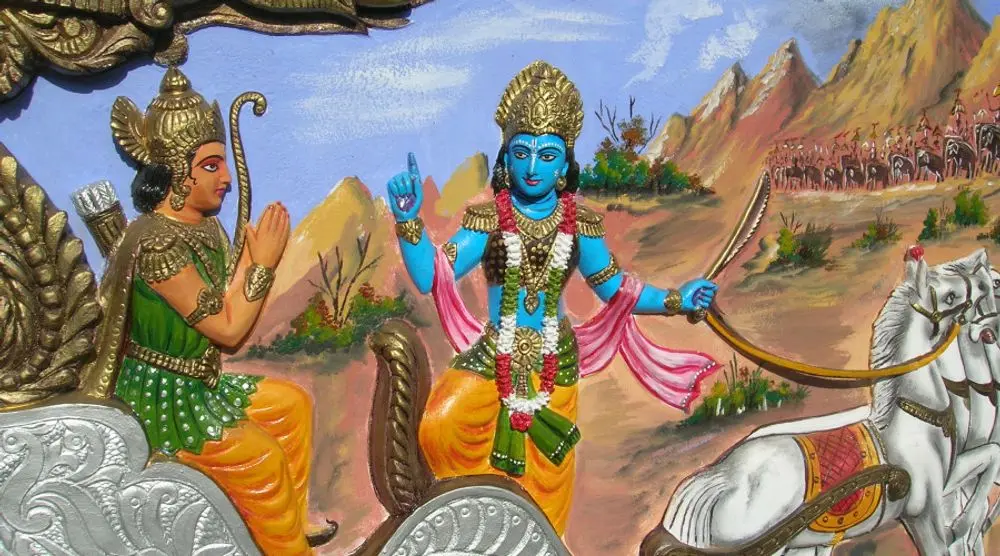 Painting of Krishna and Arjuna on a chariot
