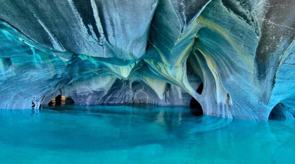 Swirling blue marble walls of the Patagonia Marble Caves