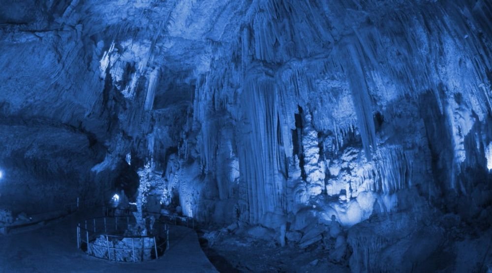 Blue-lit stalactites of Jeita Grotto, Lebanon