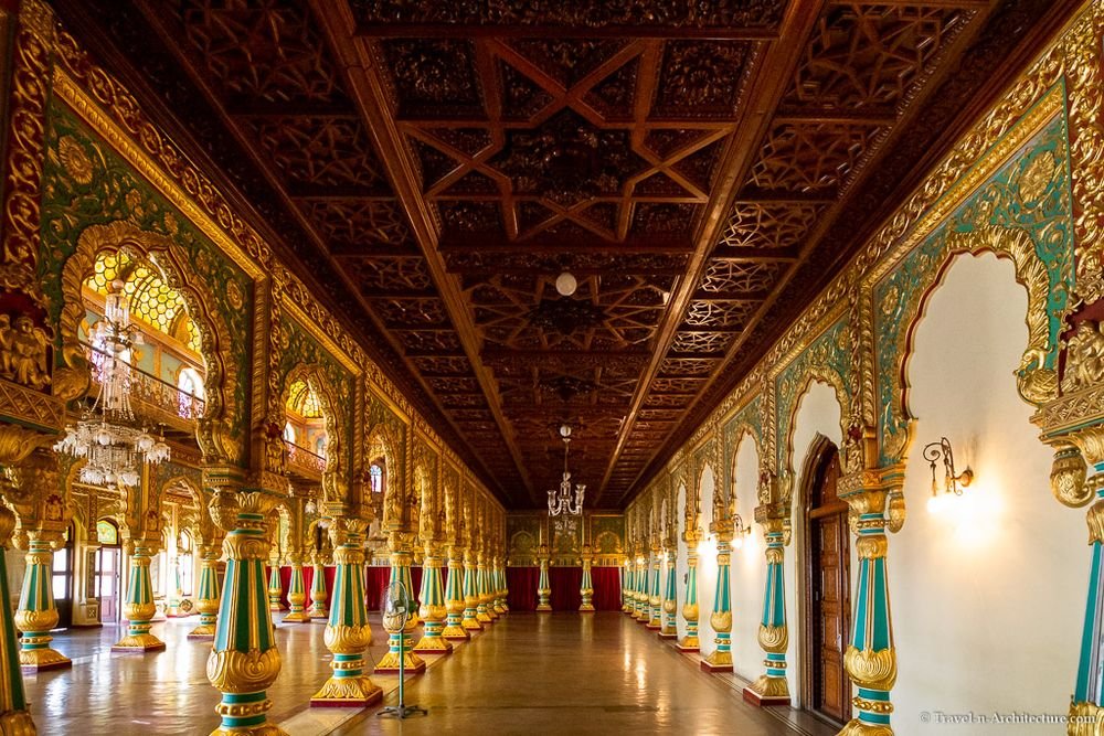 Ornate gilded corridor inside Mysore Palace