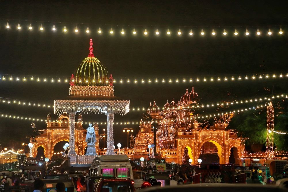 Illuminated pavilion during Mysore Dasara