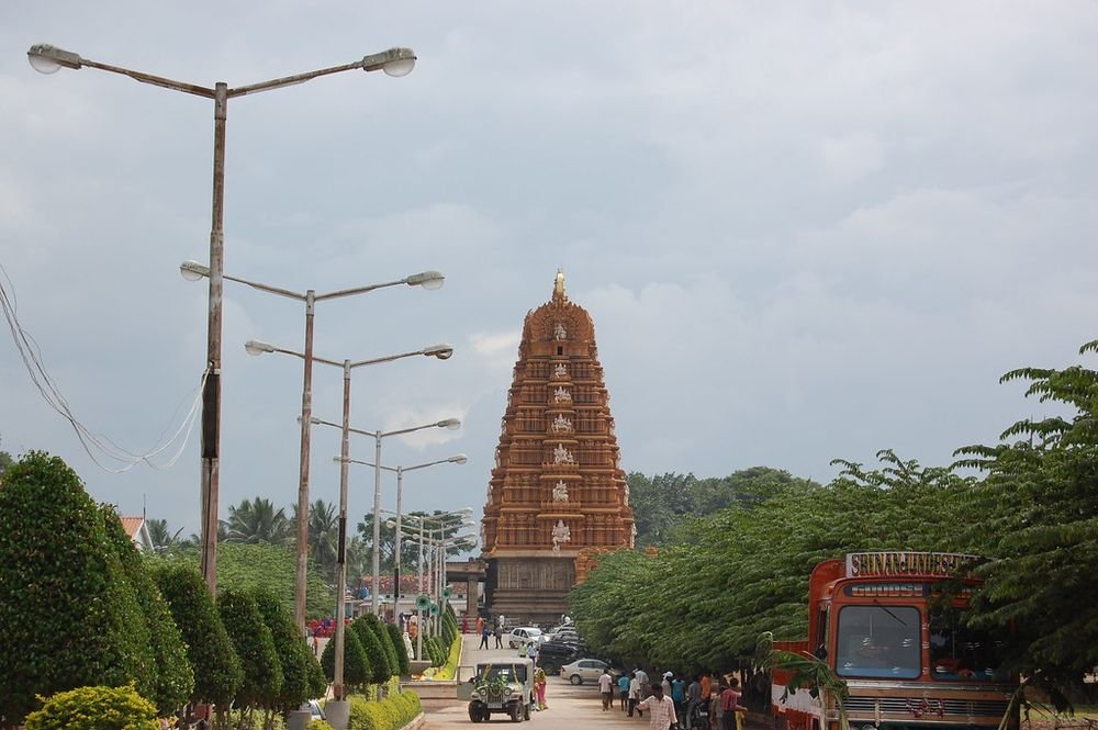 Temple tower at the end of a road in Nanjangud