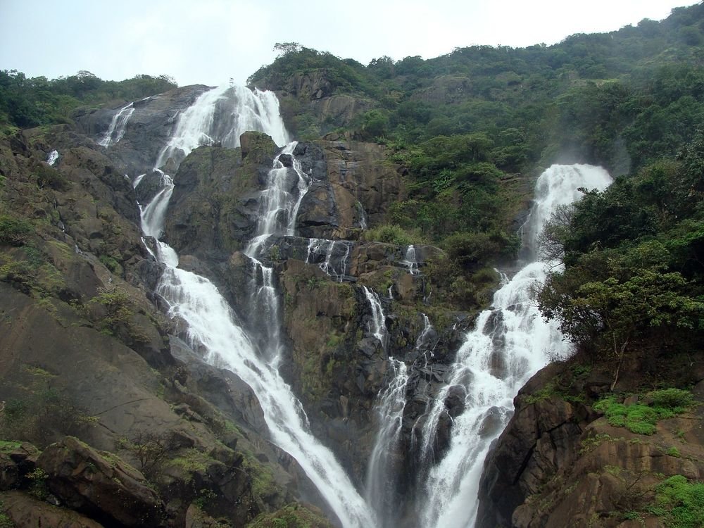 Dudhsagar Falls cascading down a green hillside