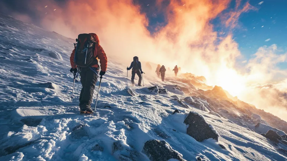 Trekkers climbing a snowy ridge at sunrise